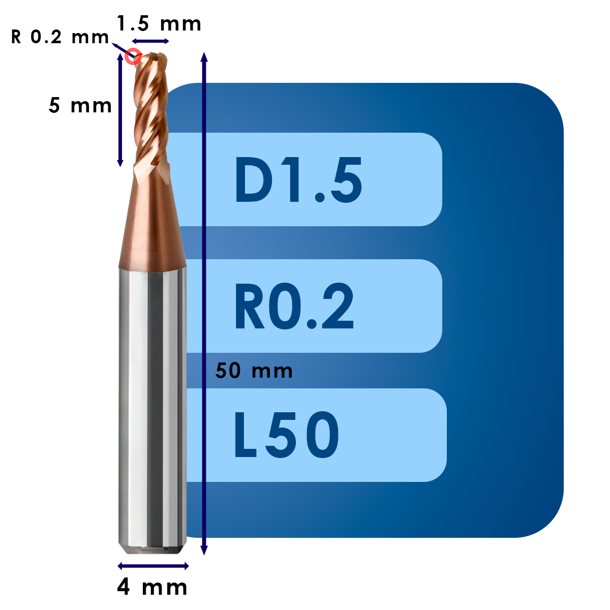 D1.5 R0.2 L50 Фреза твердосплавная d1.5*r0.2*c5*p55*d4*z4*l50