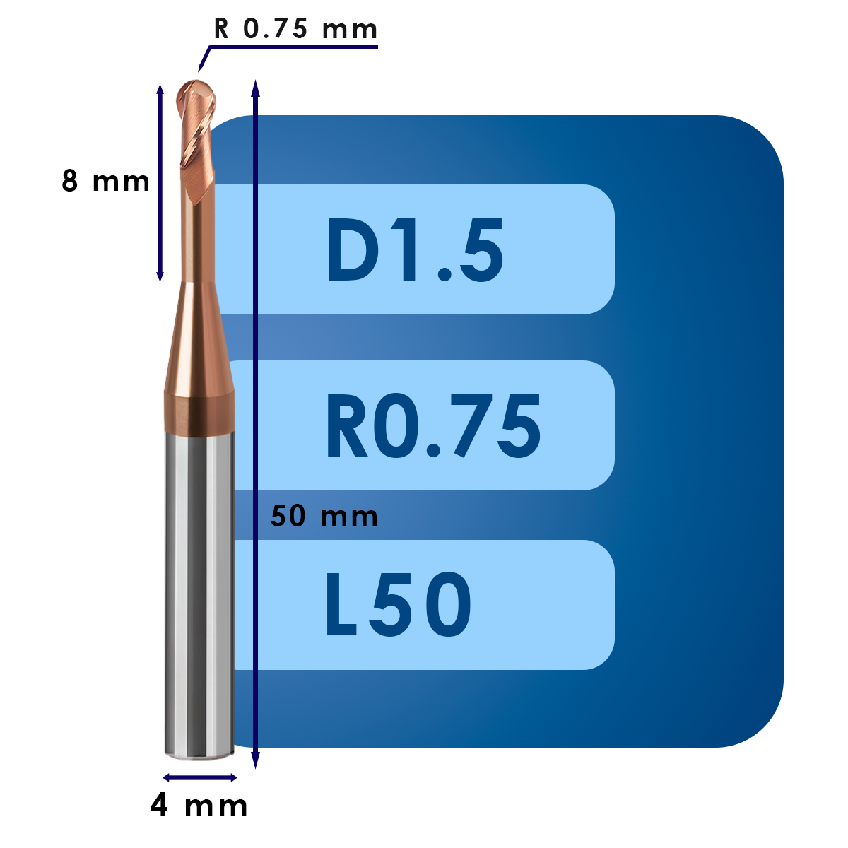 D1.5 С8 L50 Фреза радиусная d1.5*r0.75*c8*p55*d4*z2*l50