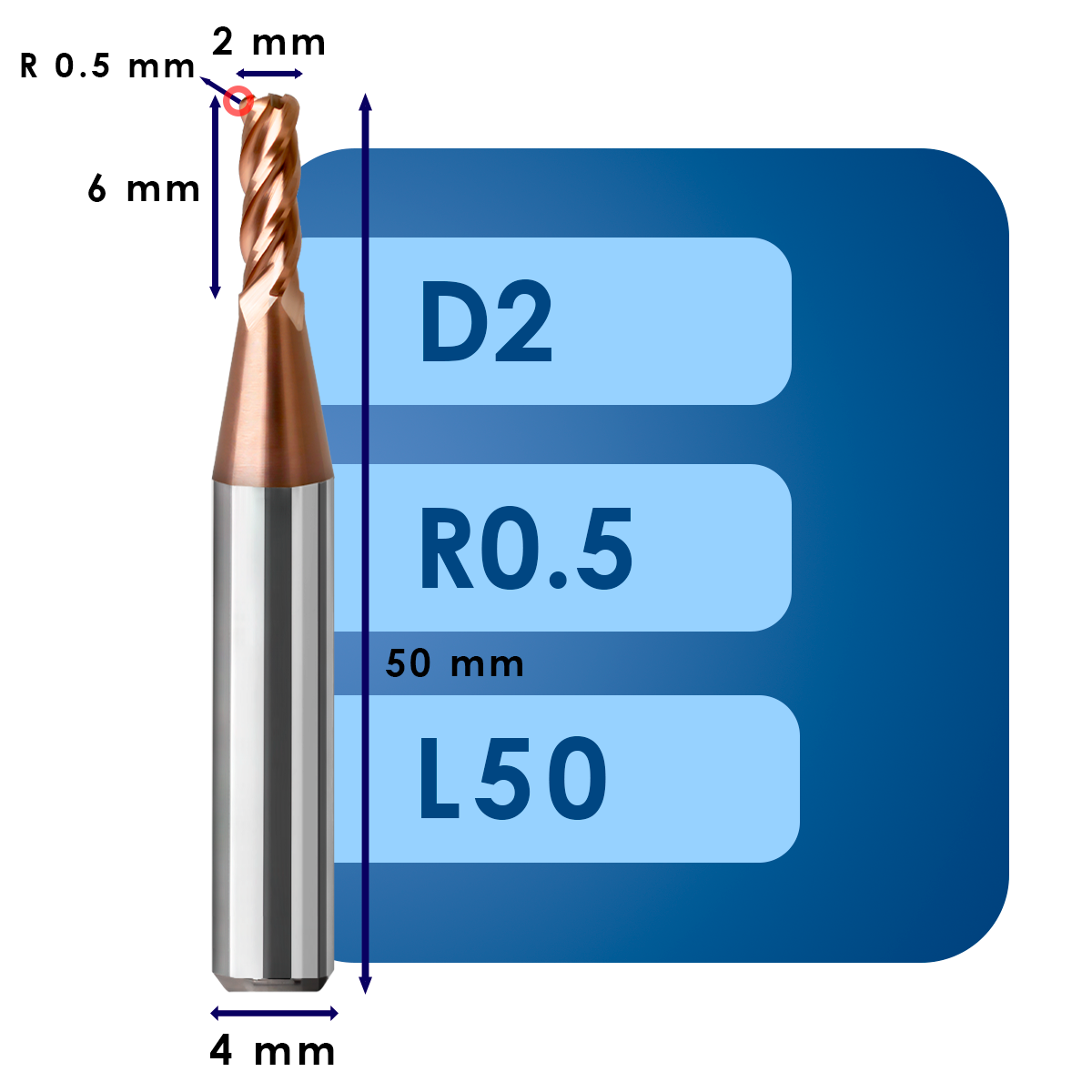D2 R0.5 L50 Фреза твердосплавная d2*r0.5*c6*p55*d4*z4*l50