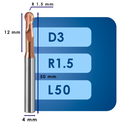 Фреза радиусная d3*r1.5*c12*p55*d4*z2*l50