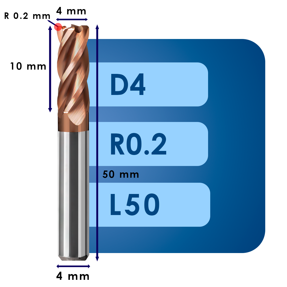 D4 R0.2 L50 Фреза твердосплавная d4*r0.2*c10*p55*d4*z4*l50