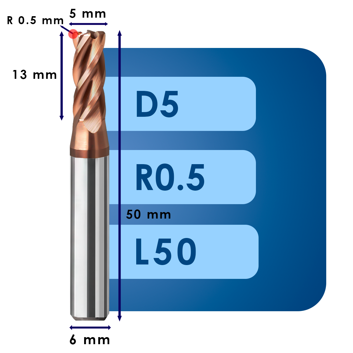 D5 R0.5 L50 Фреза твердосплавная d5*r0.5*c13*p55*d6*z4*l50