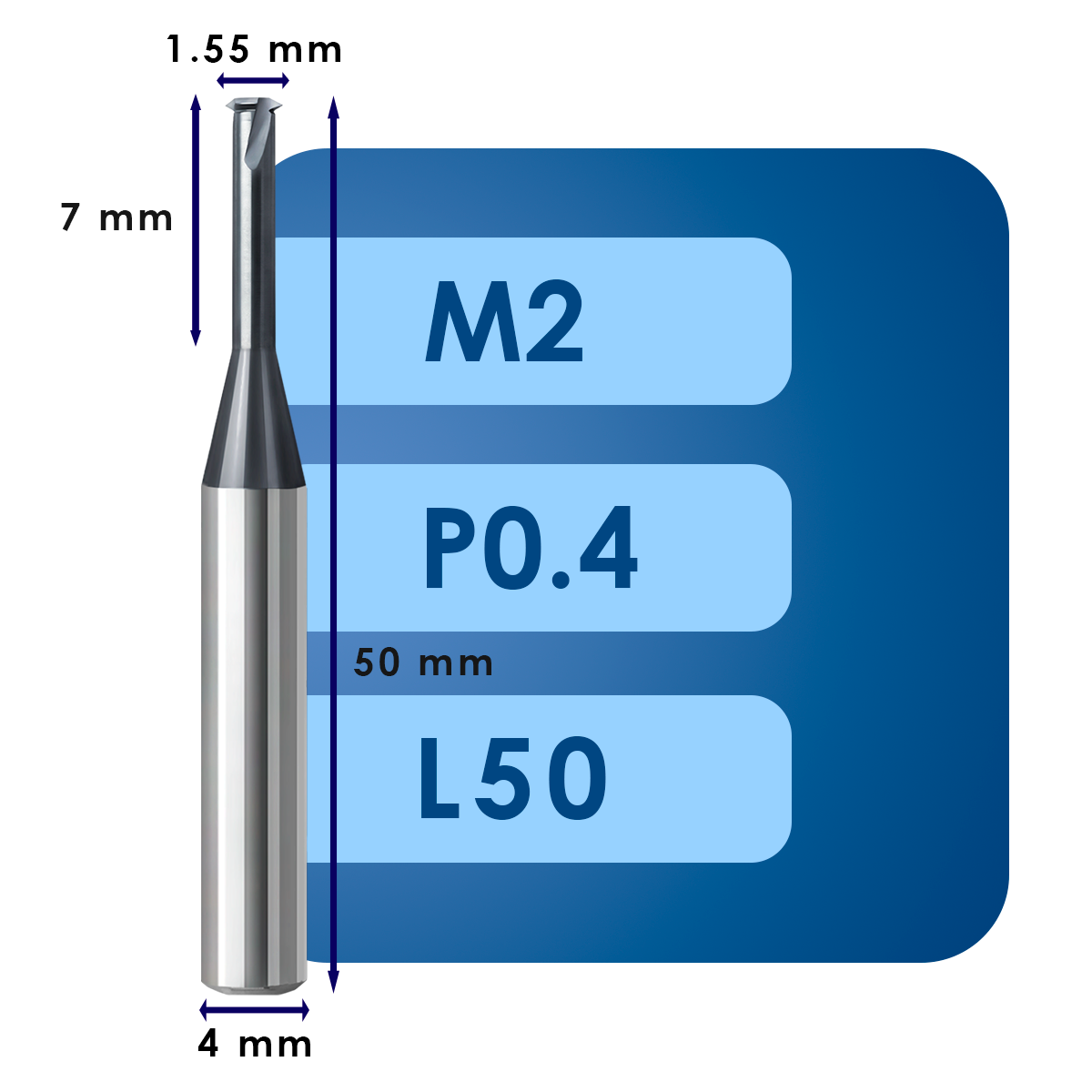 М2 (5) Резьбофреза m2*d1.55*p0.4*c7*p70*d4*cz1*z3*l50