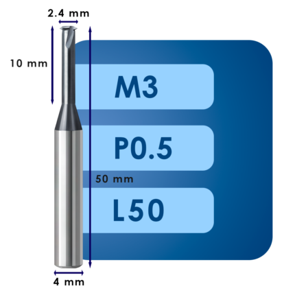 Резьбофреза m3*d2.4*p0.5*c10*p70*d4*cz1*z3*l50