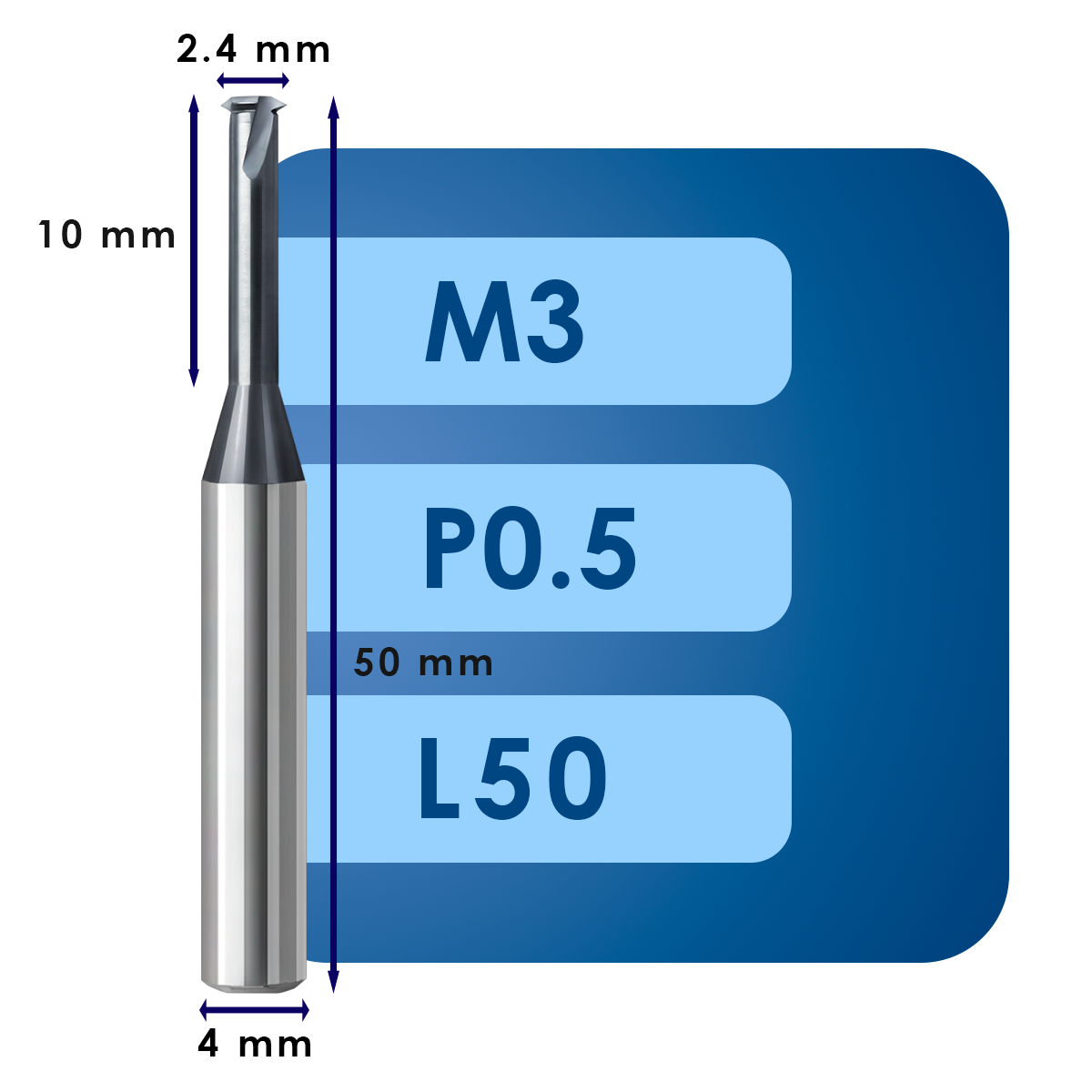 М3 (5) Резьбофреза m3*d2.4*p0.5*c10*p70*d4*cz1*z3*l50